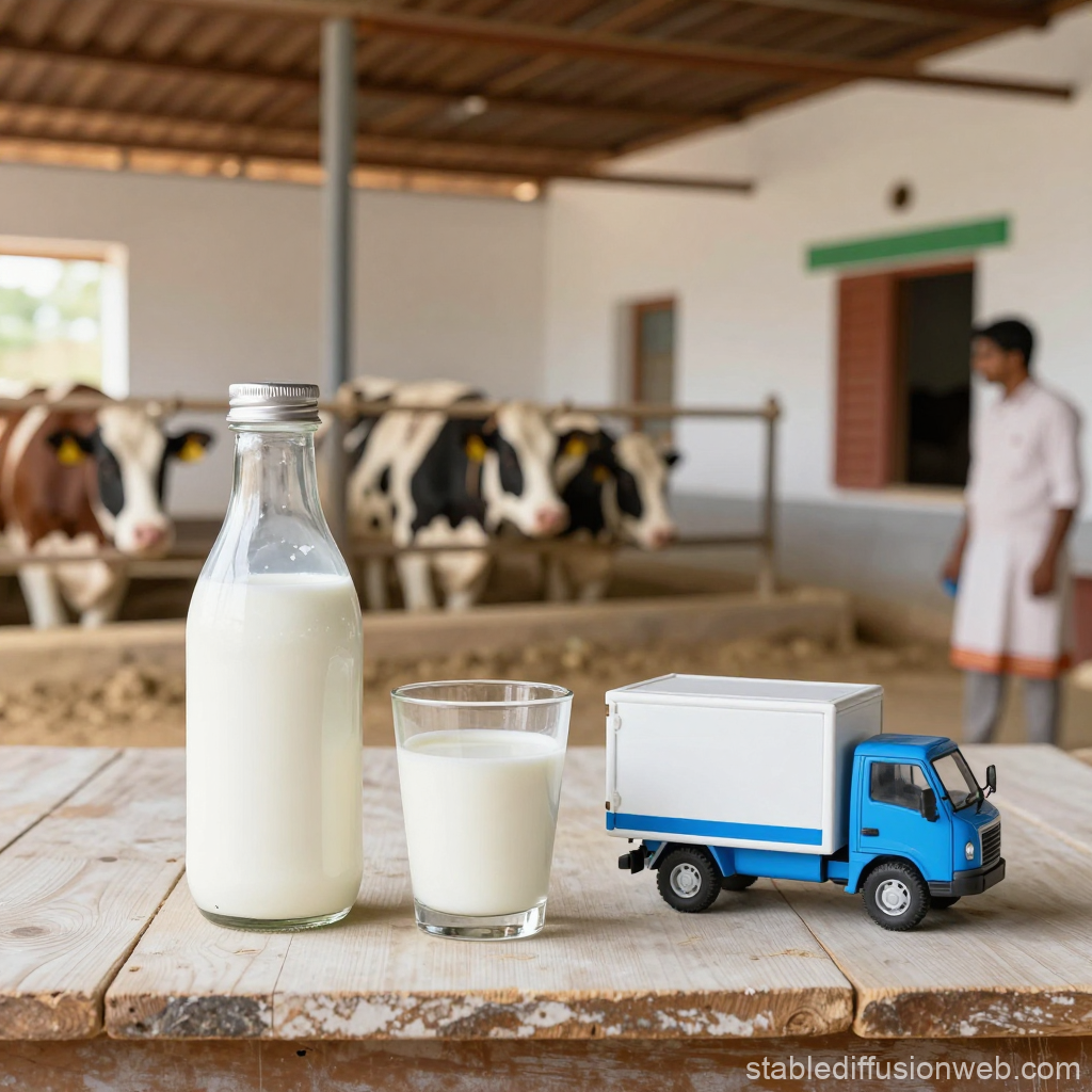 Journey of milk from farm to doorstep showing dairy farm and delivery